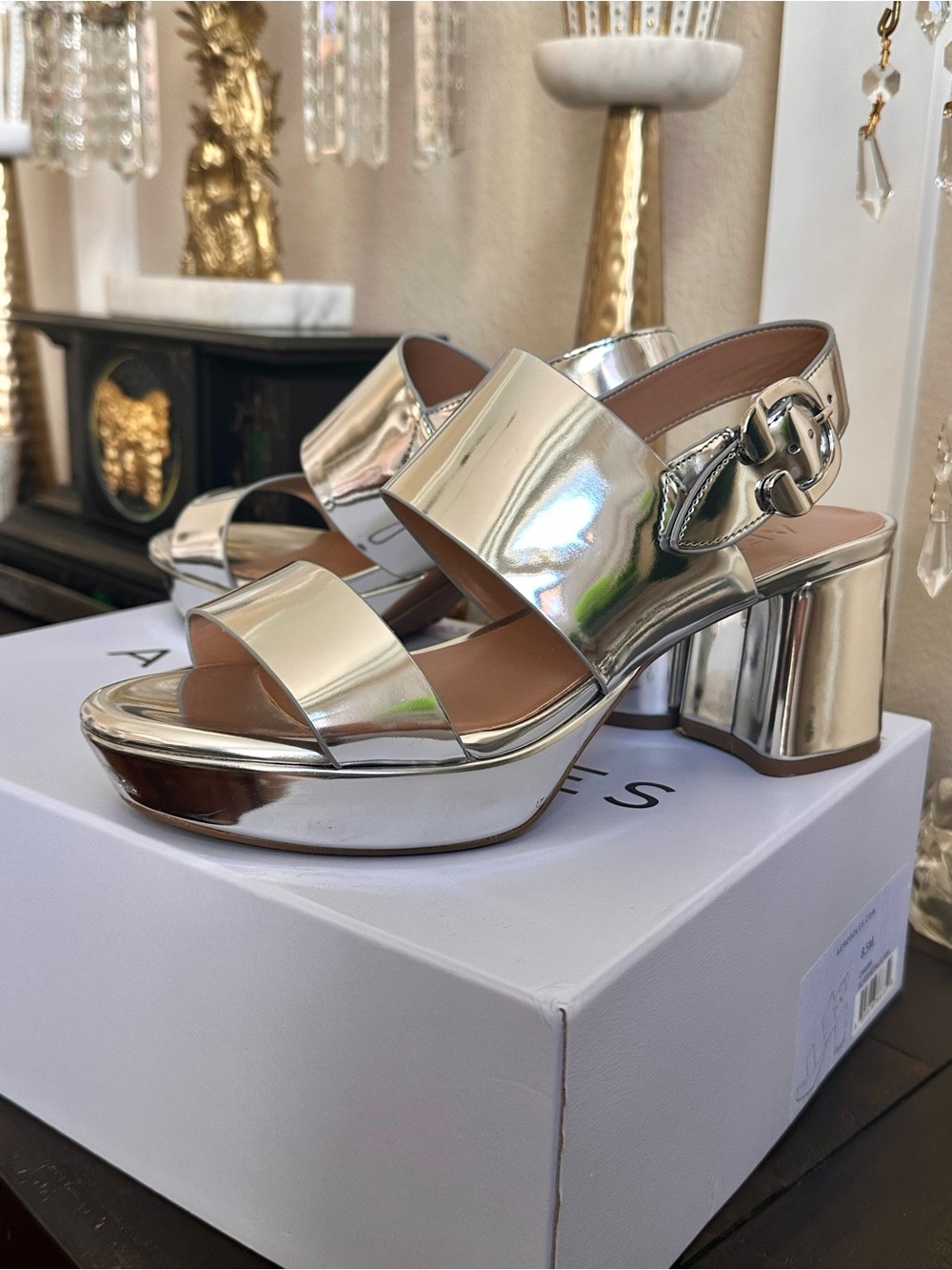 AEROSOLES Metallic SILVER Wide-Strap Slingback Platform Sandals. Worn once 8.5 - Picture 3 of 15